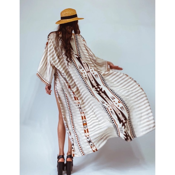 Boho Aztec Tribal Cream Tan & Black Kimono Beach Coverup Duster - Picture 5 of 16
